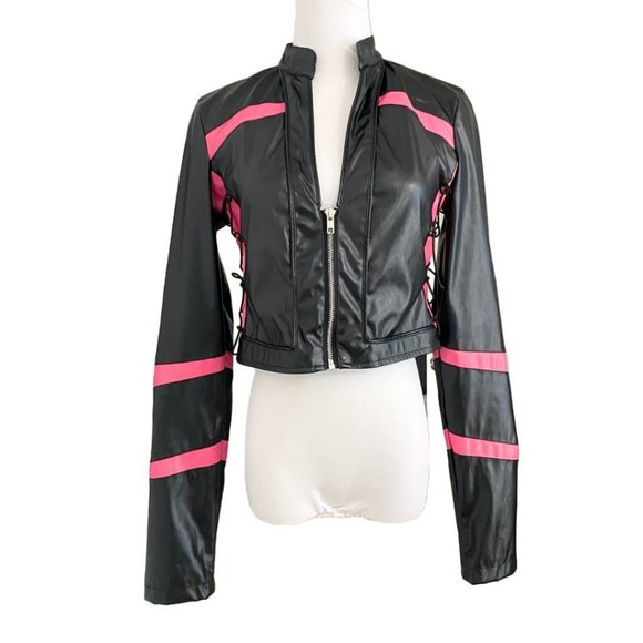 I AM GIA VIXON BLACK PINK FAUX LEATHER LACE UP CROPPED MOTO TOP JACKET - M - Picture 2 of 11